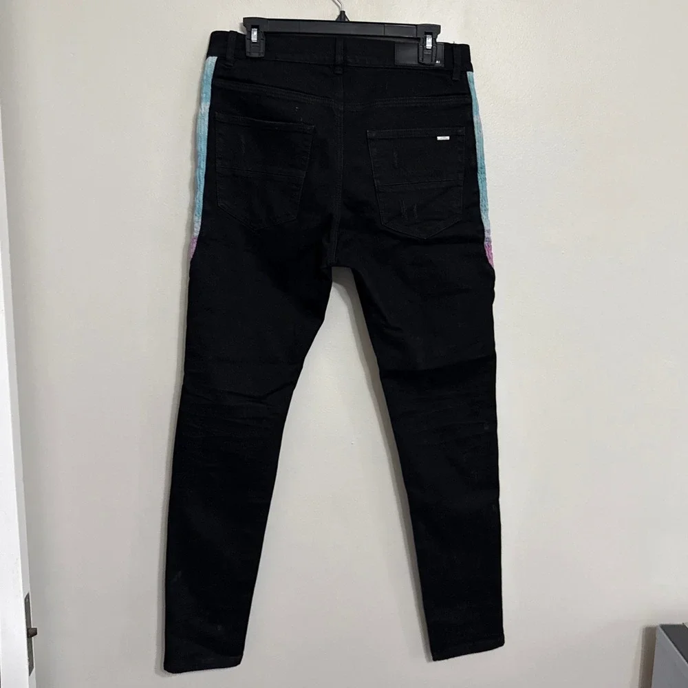 Amiri Mens 32x30 Black Distressed Side Stripe Zip Skinny Denim Jeans Made USA